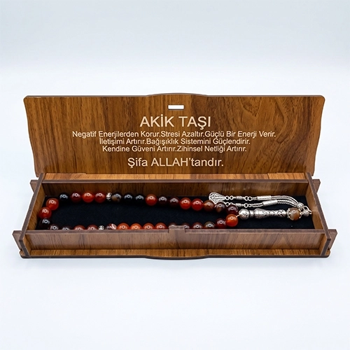 Doğal Akik Taşlı Tesbih – Özel Ahşap Kutulu