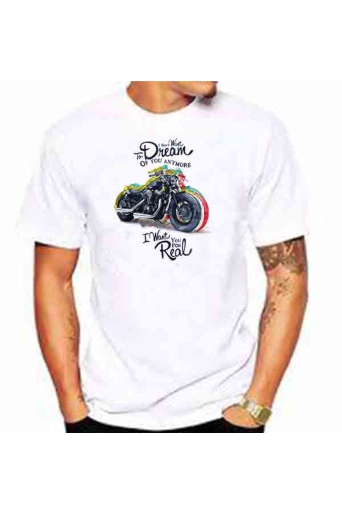 Unisex Beyaz I Want You For Real Baskılı Motorcu T-Shirt