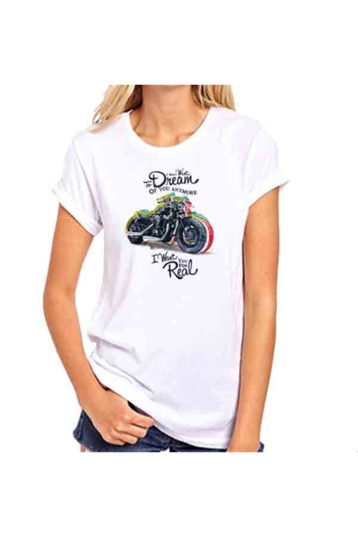 Unisex Beyaz I Want You For Real Baskılı Motorcu T-Shirt